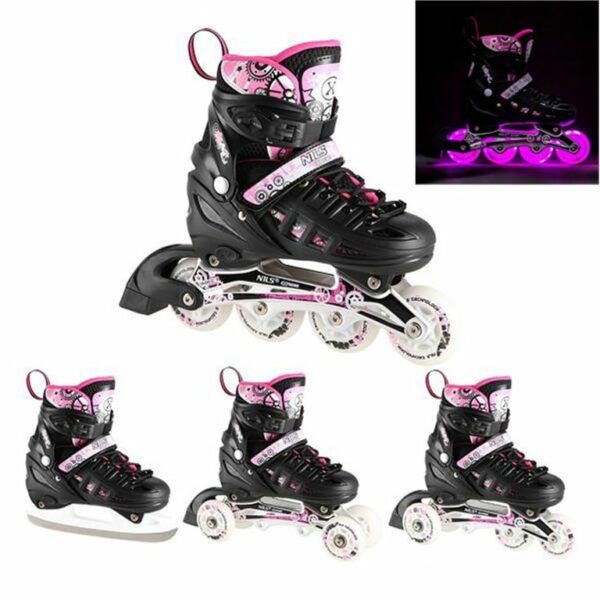 NILS EXTREME 16-25-057 : ΑΥΞΟΜΕΙΟΥΜΕΝΑ ROLLER NH 10905 ΣΕΤ 4 ΣΕ 1 INLINE SKATES ΜΑΥΡΟ/ΡΟΖ LED Large (39-42)