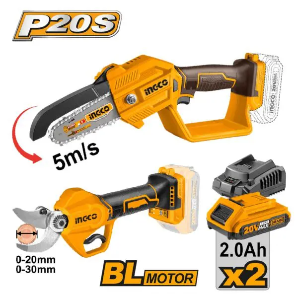 INGCO COSLI23065E : Αλυσοπρίονο + Κλαδευτήρι Μπαταρίας 20V Li-Ion Σετ 2 τεμ.